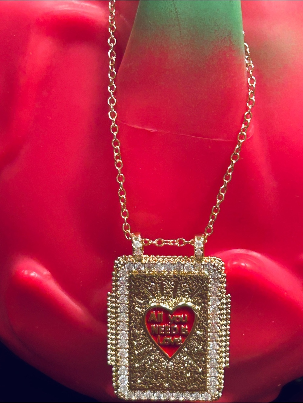 Gold Pendant Necklace w Red Heart “ALL YOU NEED IS LOVE” MAYAMAR New - Picture 3 of 3